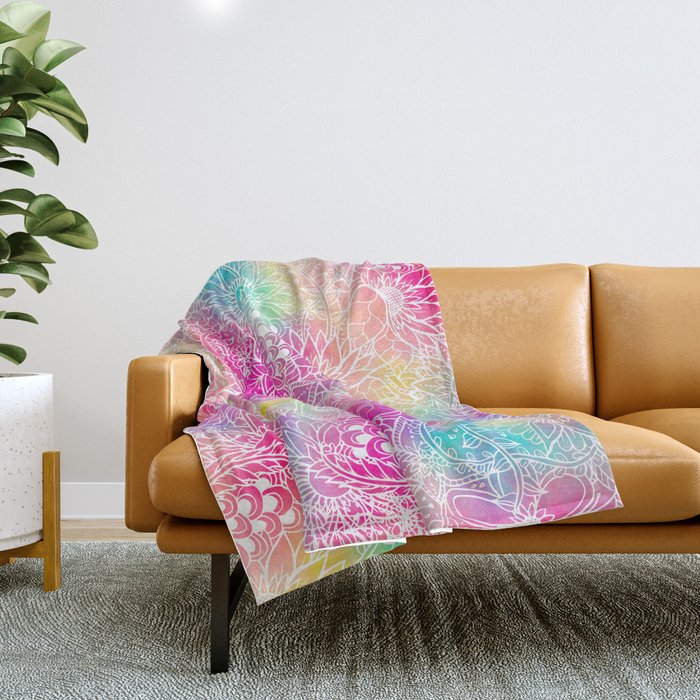 Bright neon pink turquoise purple yellow watercolor white floral illustration pattern Throw Blanket