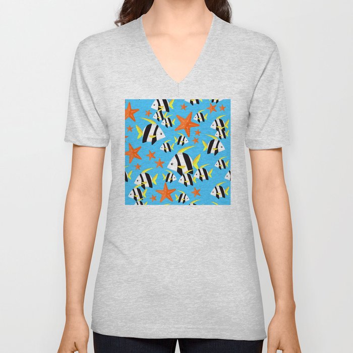 Summer Fun Pattern: Striped Fish and Starfish Pattern V Neck T Shirt