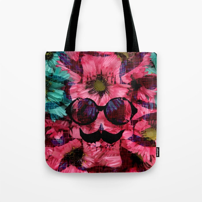 vintage old skull portrait with red and blue flower pattern abstract background Tote Bag