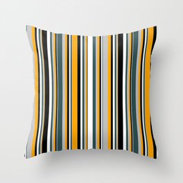 [ Thumbnail: Eyecatching Orange, Grey, Dark Slate Gray, White, and Black Colored Lined Pattern Throw Pillow ]