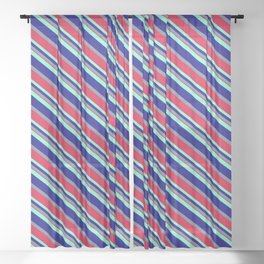 [ Thumbnail: Aquamarine, Blue, Light Slate Gray & Crimson Colored Lines/Stripes Pattern Sheer Curtain ]