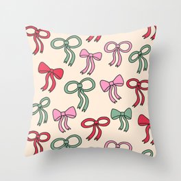 Hand Drawn Bows and Ribbons Pattern (red/green/pink) Throw Pillow