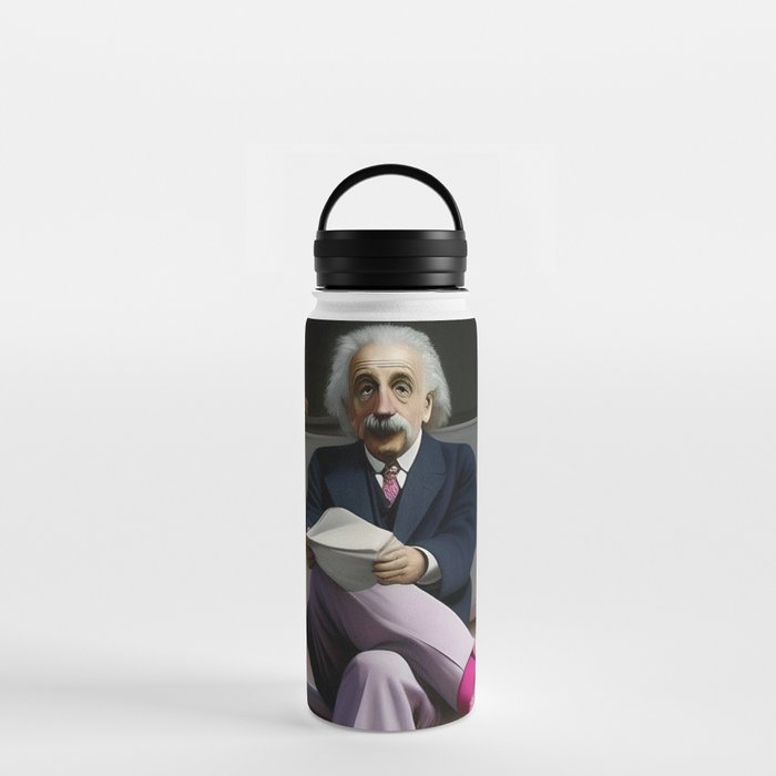 Albert Einstein sitting on porch in pink fuzzy slippers humorous satirical portrait painting Water Bottle