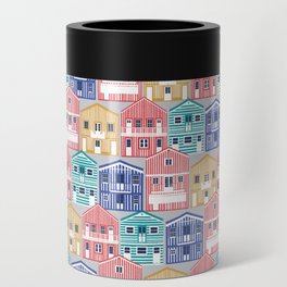 Colourful Portuguese houses // light grey background rob roy yellow mandy red electric blue and peacock teal Costa Nova inspired houses Can Cooler