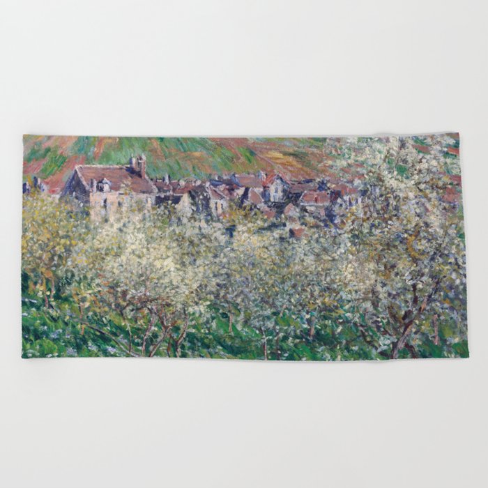 Plum Trees in Blossom by Claude Monet Beach Towel