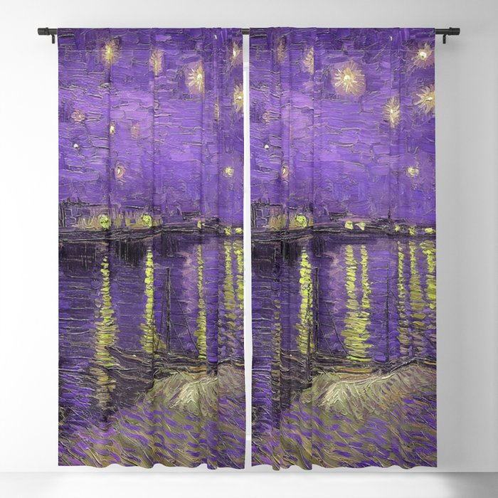 Starry Night Over the Rhone landscape painting by Vincent van Gogh in alternate purple with yellow stars Blackout Curtain