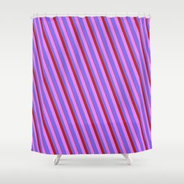[ Thumbnail: Violet, Medium Slate Blue & Red Colored Lined Pattern Shower Curtain ]