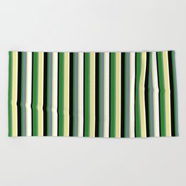 [ Thumbnail: Eyecatching Tan, Light Slate Gray, Forest Green, Black, and White Colored Lined/Striped Pattern Beach Towel ]