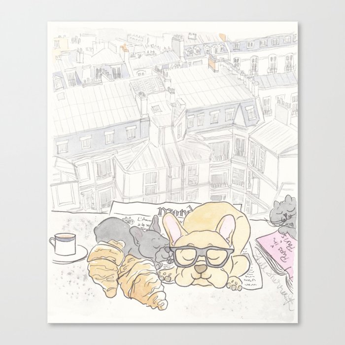 French Bulldogs Breakfast with Paris Rooftops View Canvas Print