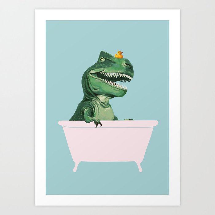 Playful T-Rex in Bathtub in Green Art Print