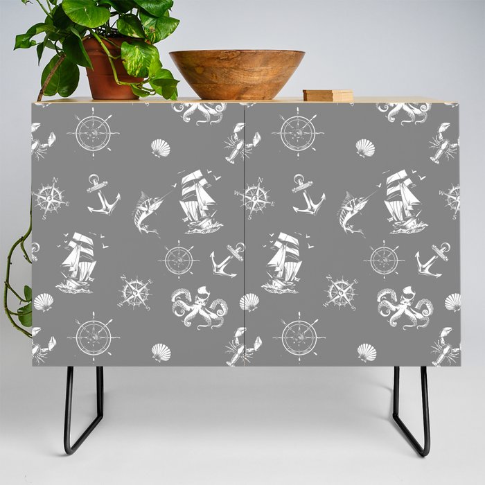 Grey And White Silhouettes Of Vintage Nautical Pattern Credenza