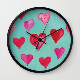 Romantic Watercolor Hearts - Pink -Turqouise Wall Clock