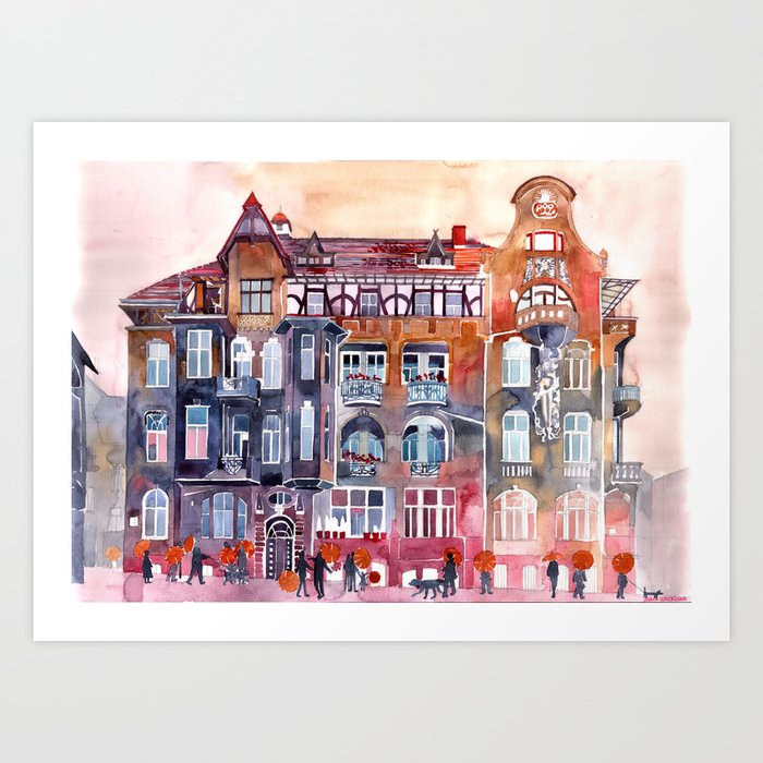 Apartment House in Poznan and orange umbrellas Art Print