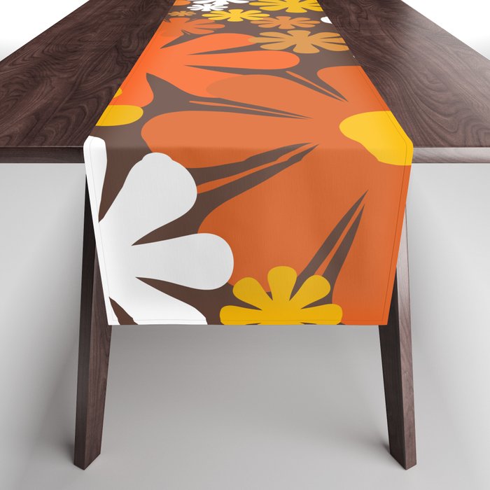 Retro 60s 70s Aesthetic Floral Pattern in 1970s Brown Orange Yellow White Table Runner