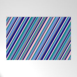 [ Thumbnail: Dark Cyan, Cornflower Blue, Grey, Blue & Pink Colored Stripes/Lines Pattern Welcome Mat ]