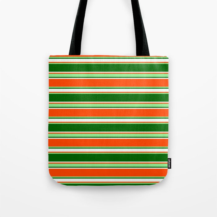 Red, Light Green, Dark Green, and Mint Cream Colored Lined/Striped Pattern Tote Bag