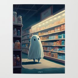a cute ghost in a supermarket Poster