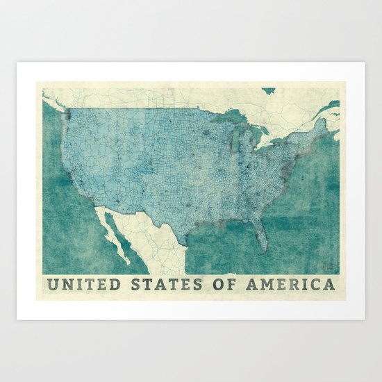 United States Of America Map Blue Vintage Art Print