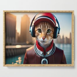 Teen cute cat wearing headphones. Serving Tray