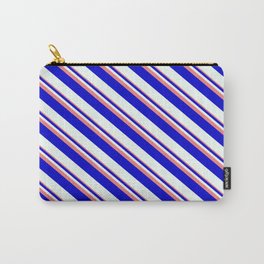 [ Thumbnail: Light Coral, Blue, and Mint Cream Colored Striped Pattern Carry-All Pouch ]