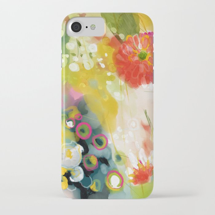 abstract floral art in yellow green and rose magenta colors iPhone Case