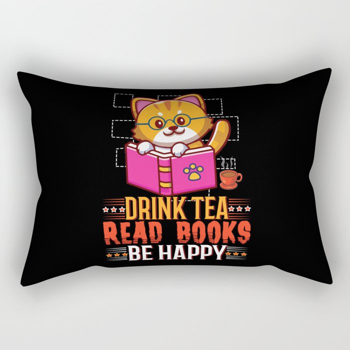 Kawaii Cat Drink Tea Read Book Reading Bookworm Rectangular Pillow