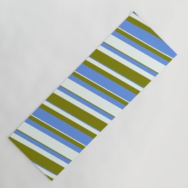 [ Thumbnail: Mint Cream, Green & Cornflower Blue Colored Striped/Lined Pattern Yoga Mat ]