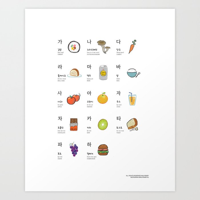Korean Food Art Print Poster Learn Hanguel Art Print by Milkybaby