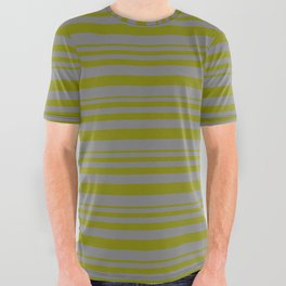 [ Thumbnail: Green & Gray Colored Striped/Lined Pattern All Over Graphic Tee ]