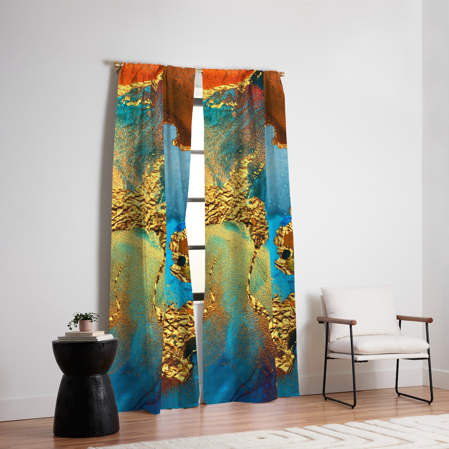 Abstract Glitter Gold And Blue Aqua Painting Blackout Curtain By