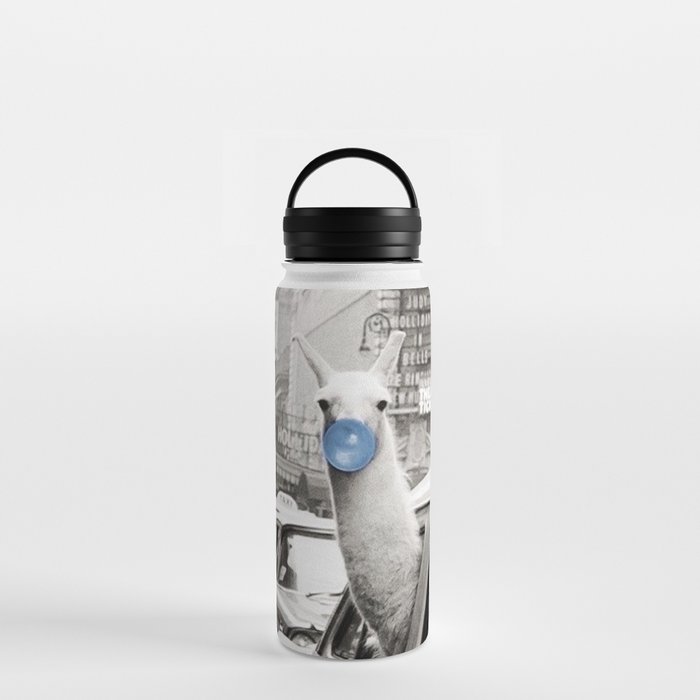 Yummy Blue Bubble Gum Llama taking a New York Taxi black and white photography Water Bottle