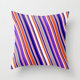[ Thumbnail: Eyecatching Blue, Dark Grey, Red, White, and Purple Colored Stripes/Lines Pattern Throw Pillow ]