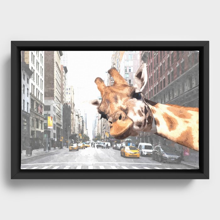Selfie Giraffe in New York Framed Canvas