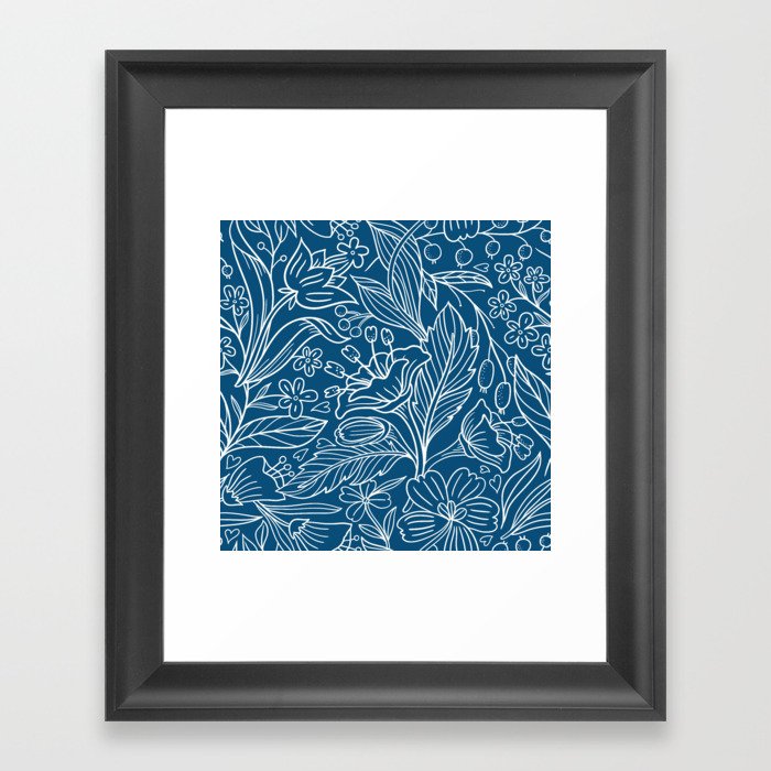 Leaves and flowers pattern on a dark blue background Framed Art Print
