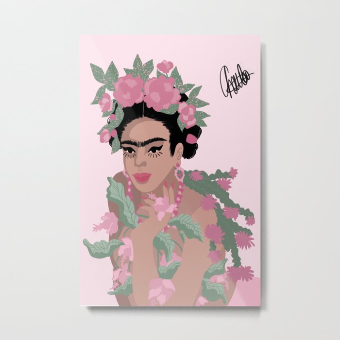 Frida Khalo & Pink Flowers Metal Print