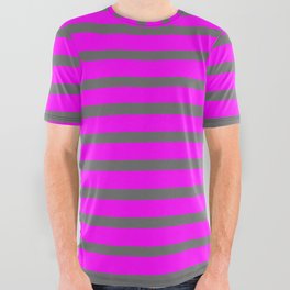 [ Thumbnail: Dim Grey and Fuchsia Colored Striped/Lined Pattern All Over Graphic Tee ]