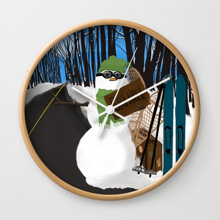 Ski Hill bound Hitchhiking Snowman Wall Clock