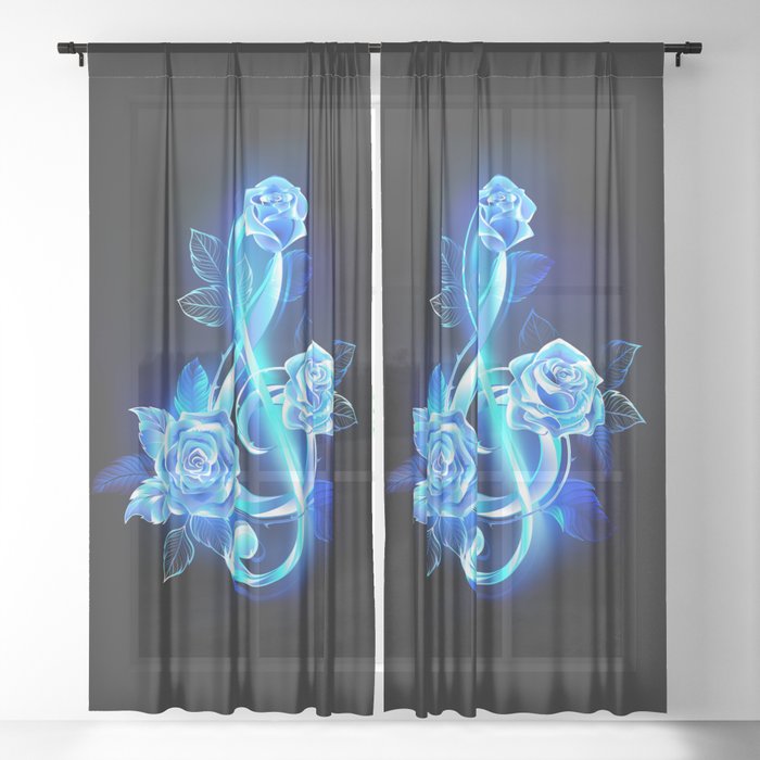 Fiery Treble Clef with Blue Roses Sheer Curtain