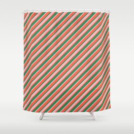 [ Thumbnail: Sea Green, Light Pink, and Red Colored Lined/Striped Pattern Shower Curtain ]