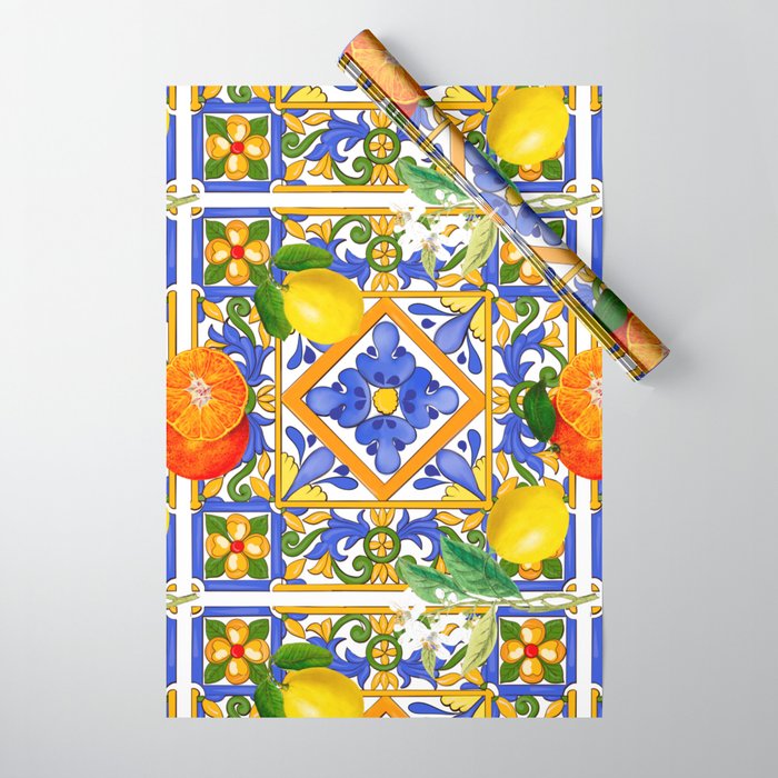 Summer ,Sicilian tiles ,citrus,oranges,majolica,lemons ,Mediterranean  Wrapping Paper