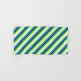 [ Thumbnail: Eyecatching Light Yellow, Tan, Blue, Dark Slate Gray, and Lime Green Colored Lined/Striped Pattern Hand & Bath Towel ]