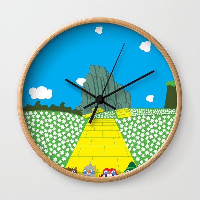 Pengwins that are following a brick road that is yellow Wall Clock