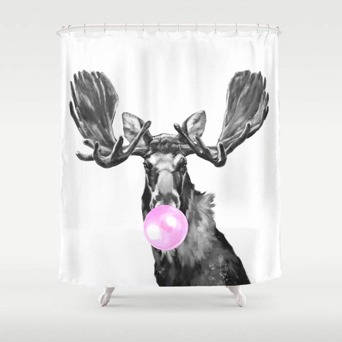 Bubble Gum Moose in Black and White Shower Curtain
