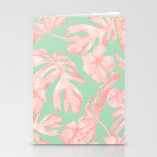 Tropical Palm Leaves Hibiscus Pink Mint Green Stationery Cards