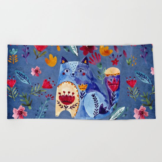 The Cheeky Cat in Flower Garden Beach Towel