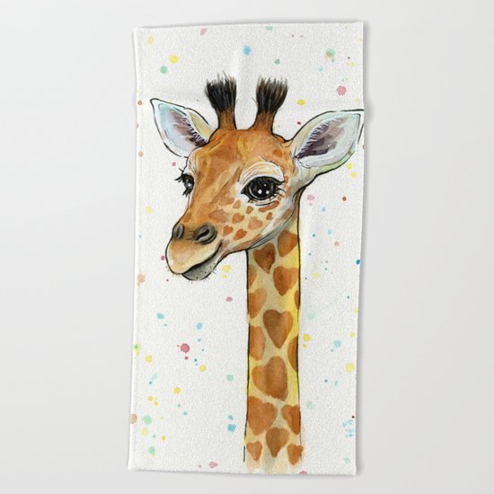 Giraffe Baby Animal with Hearts Watercolor Cute Whimsical Animals Nursery Beach Towel