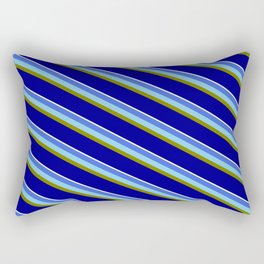 [ Thumbnail: Vibrant Royal Blue, Sky Blue, Green, Dark Blue, and White Colored Striped/Lined Pattern Rectangular Pillow ]