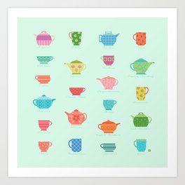 Tea Time on Soft Mint (teacups, mugs & teapots pattern) Art Print