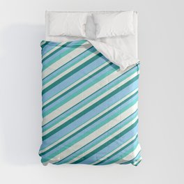 [ Thumbnail: Teal, Light Sky Blue, Turquoise & Mint Cream Colored Striped Pattern Comforter ]