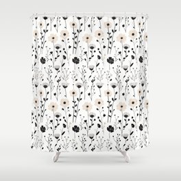 Neutral Minimalist Modern Black Floral Shower Curtain